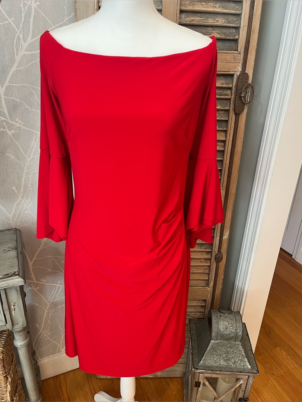 Lauren Ralph Lauren Red Off-Shoulder Jersey Sheath Bell Sleeves - 16
